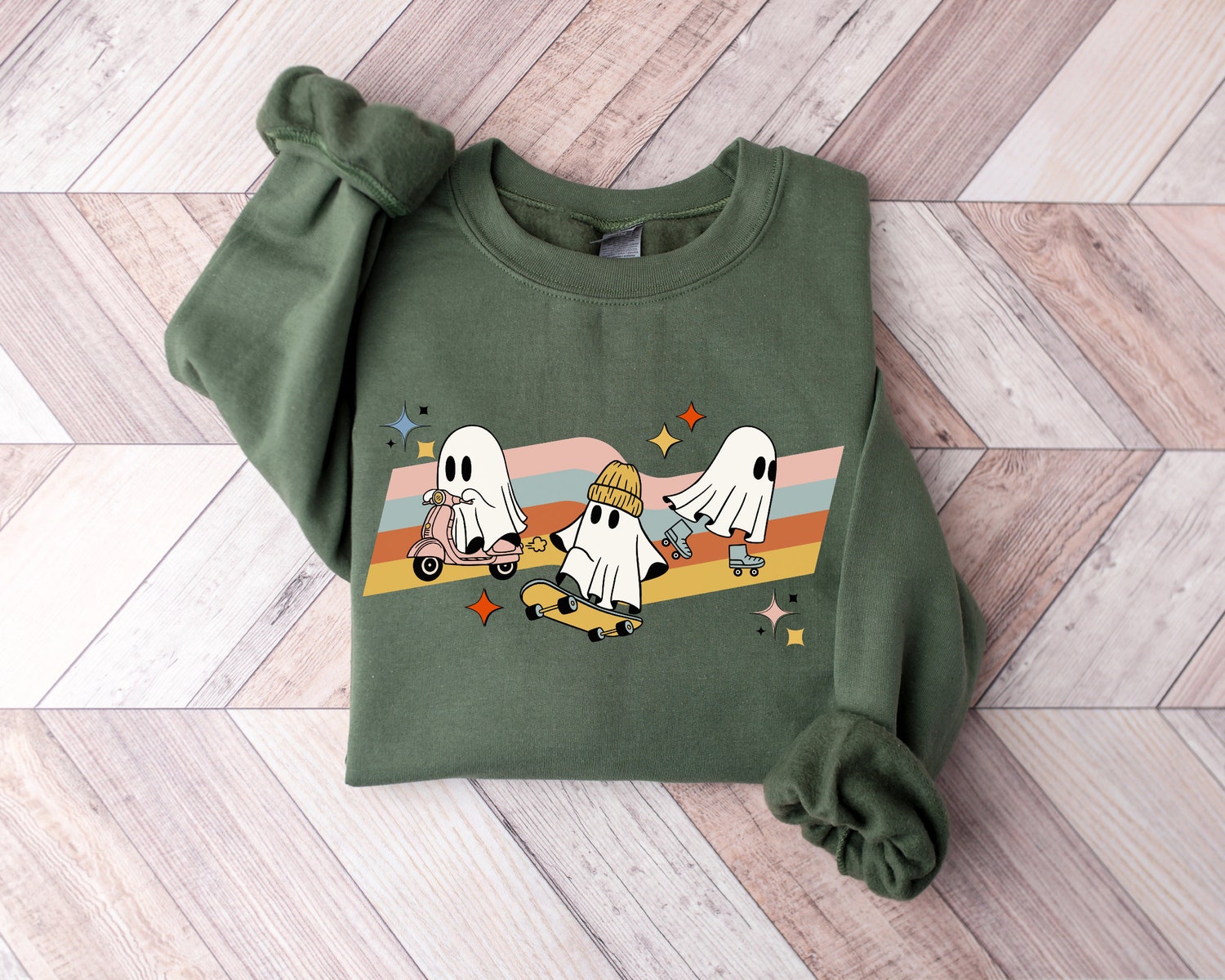 Cute Halloween Ghosts on Scooter Roller Blades & Skateboard Shirt Halloween Gift Tee image 2