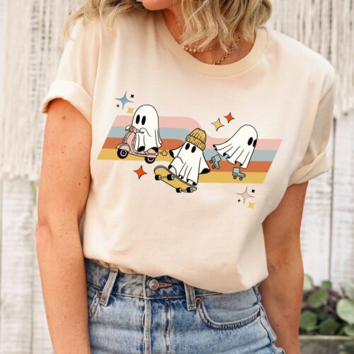 Cute Halloween Ghosts on Scooter Roller Blades & Skateboard Shirt Halloween Gift Tee image 0