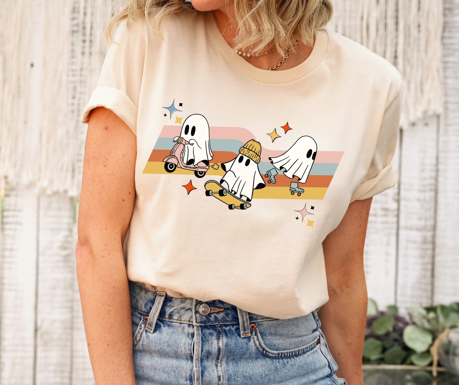 Cute Halloween Ghosts on Scooter Roller Blades & Skateboard Shirt Halloween Gift Tee image 0