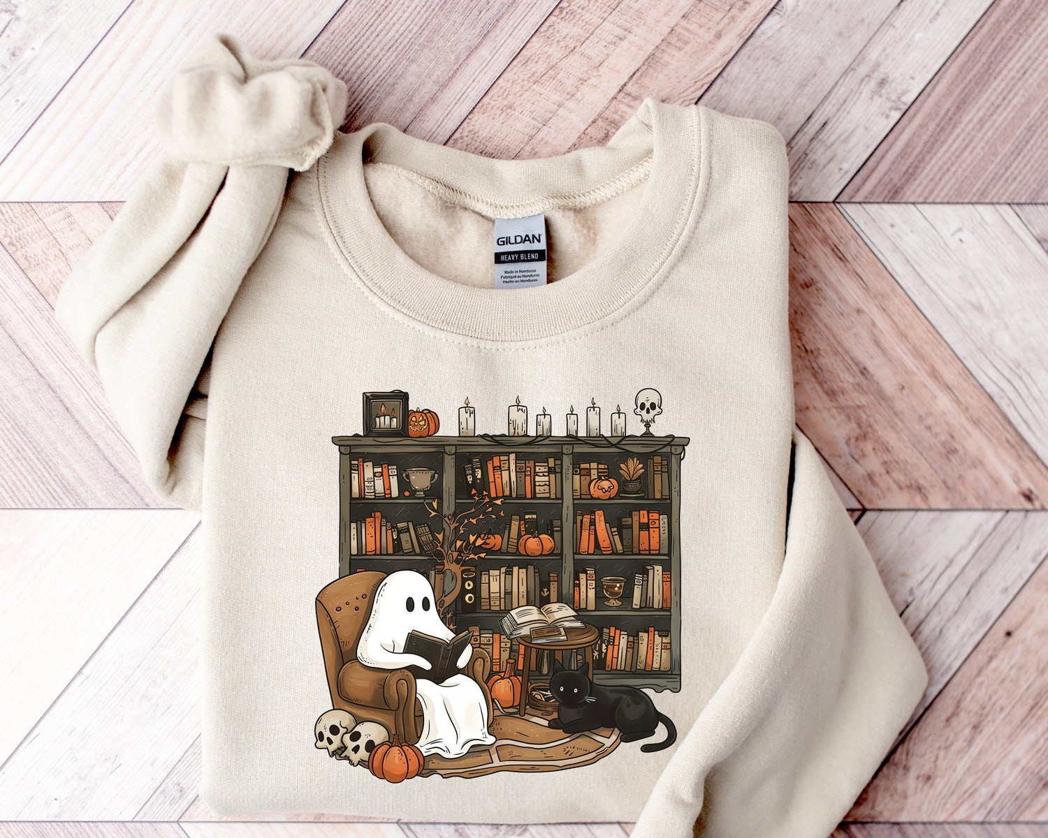 Retro Ghost Reading Books Sweatshirt - Halloween Librarian Teacher Gift - Boo School Shirt image 1