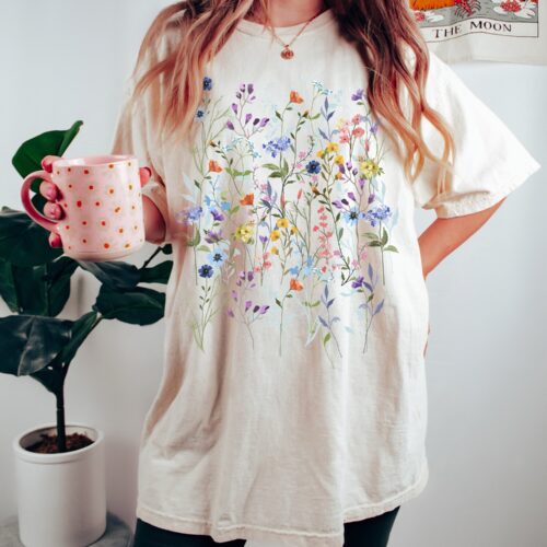 Comfort Colors Boho Cottagecore Wildflower T-Shirt Vintage Pressed Flowers Botanical Tee Gift image 0