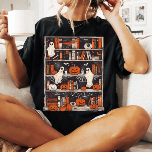 Halloween Library Ghost Books Shirt for Teachers and Book Lovers Halloween Reading Tee image 0