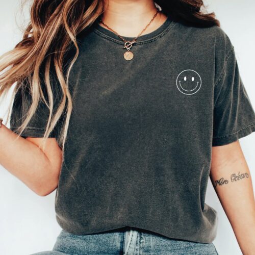 Minimalist Happy Face Comfort Colors Tee - Retro Smile Shirt Gift for Women Happy Tshirt image 0