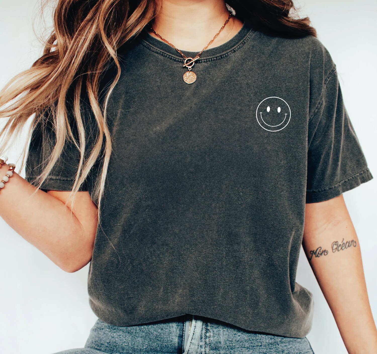 Minimalist Happy Face Comfort Colors Tee - Retro Smile Shirt Gift for Women Happy Tshirt image 0