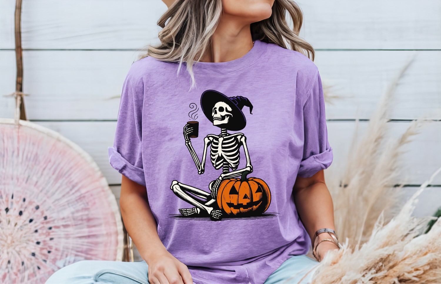 Comfort Colors Skeleton Pumpkin Shirt Fall Coffee Lover Tee Retro Halloween Womens Shirt image 4