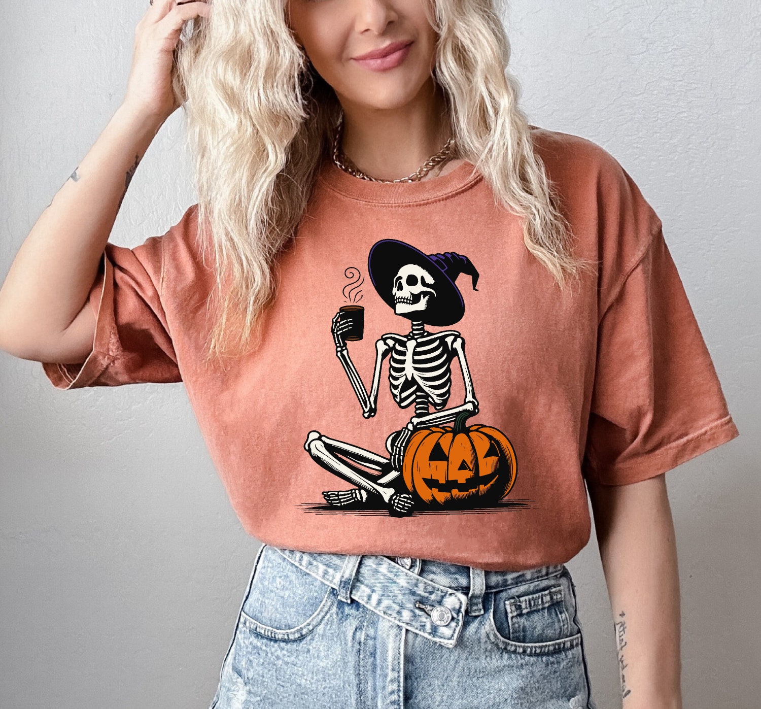 Comfort Colors Skeleton Pumpkin Shirt Fall Coffee Lover Tee Retro Halloween Womens Shirt image 2