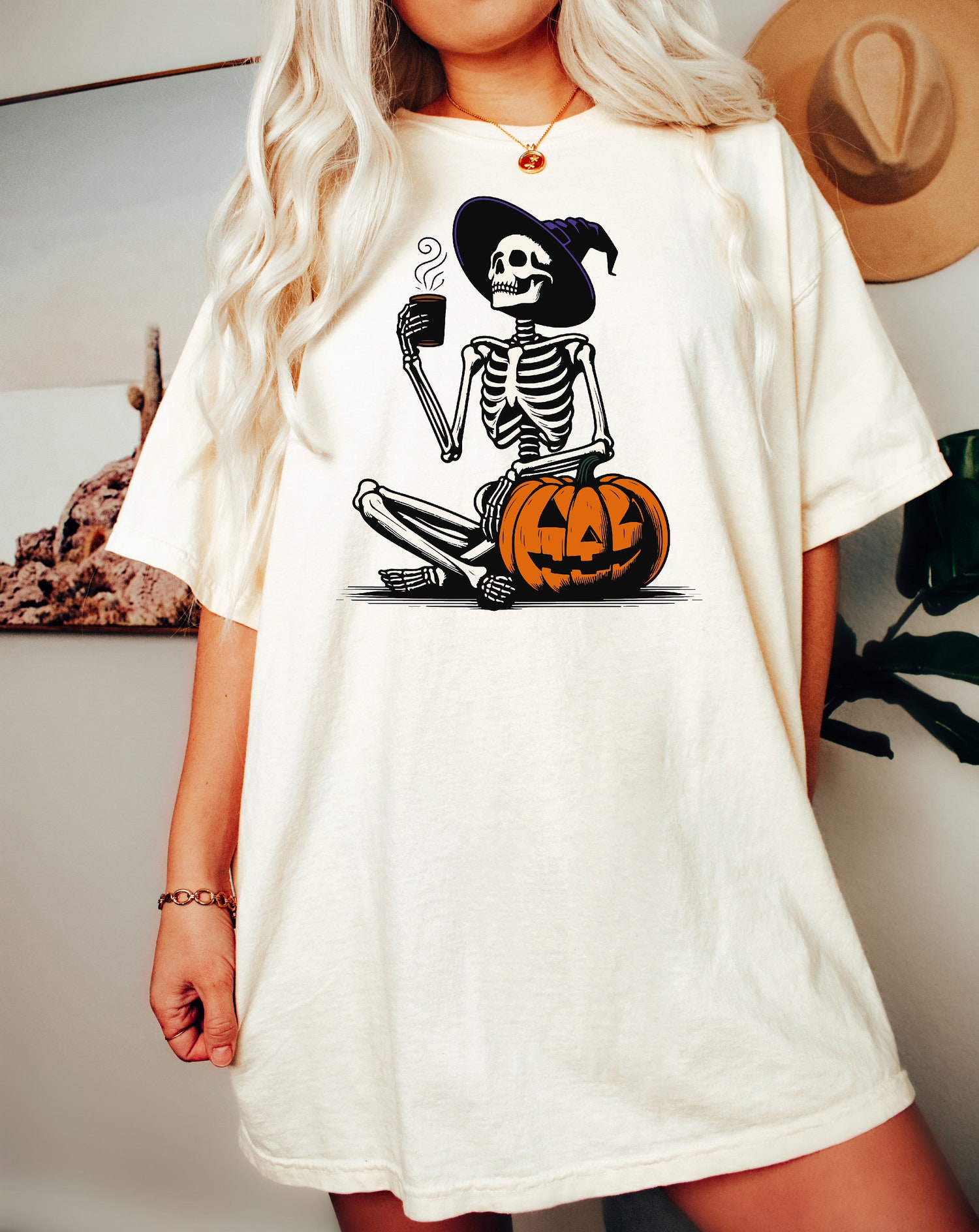 Comfort Colors Skeleton Pumpkin Shirt Fall Coffee Lover Tee Retro Halloween Womens Shirt image 1