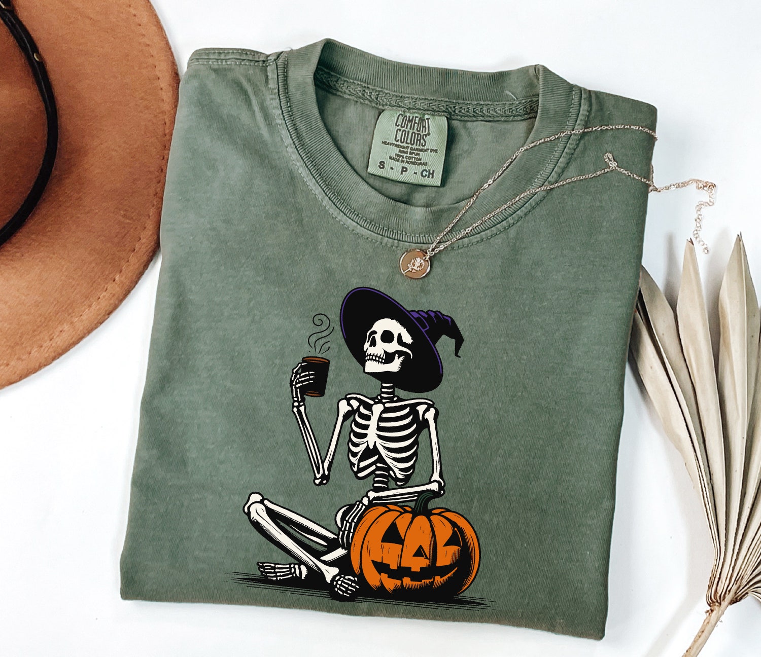 Comfort Colors Skeleton Pumpkin Shirt Fall Coffee Lover Tee Retro Halloween Womens Shirt image 3