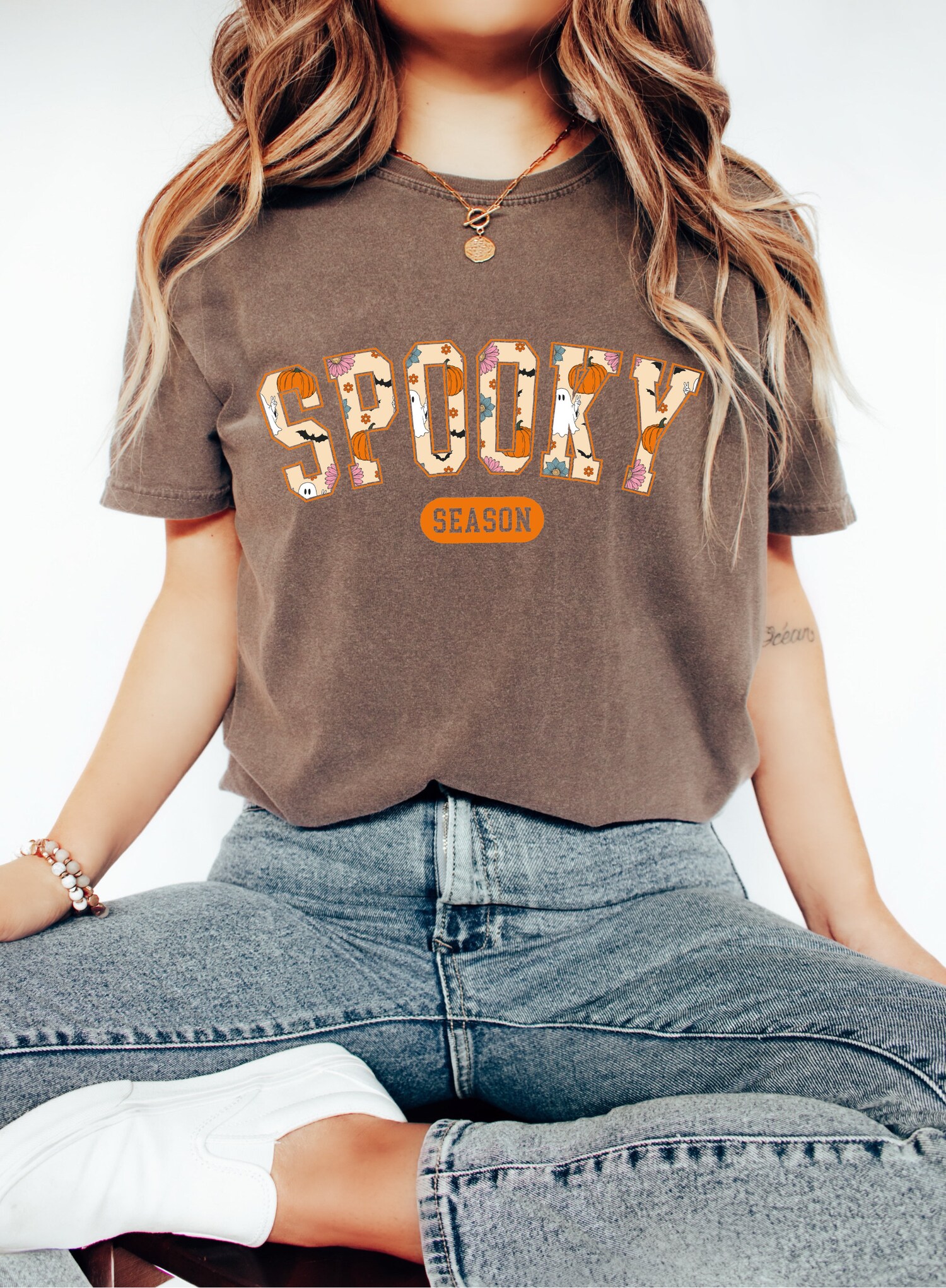 Retro Spooky Season Halloween Shirt Womens Boho Pumpkins Fall Vibes Tee image 5