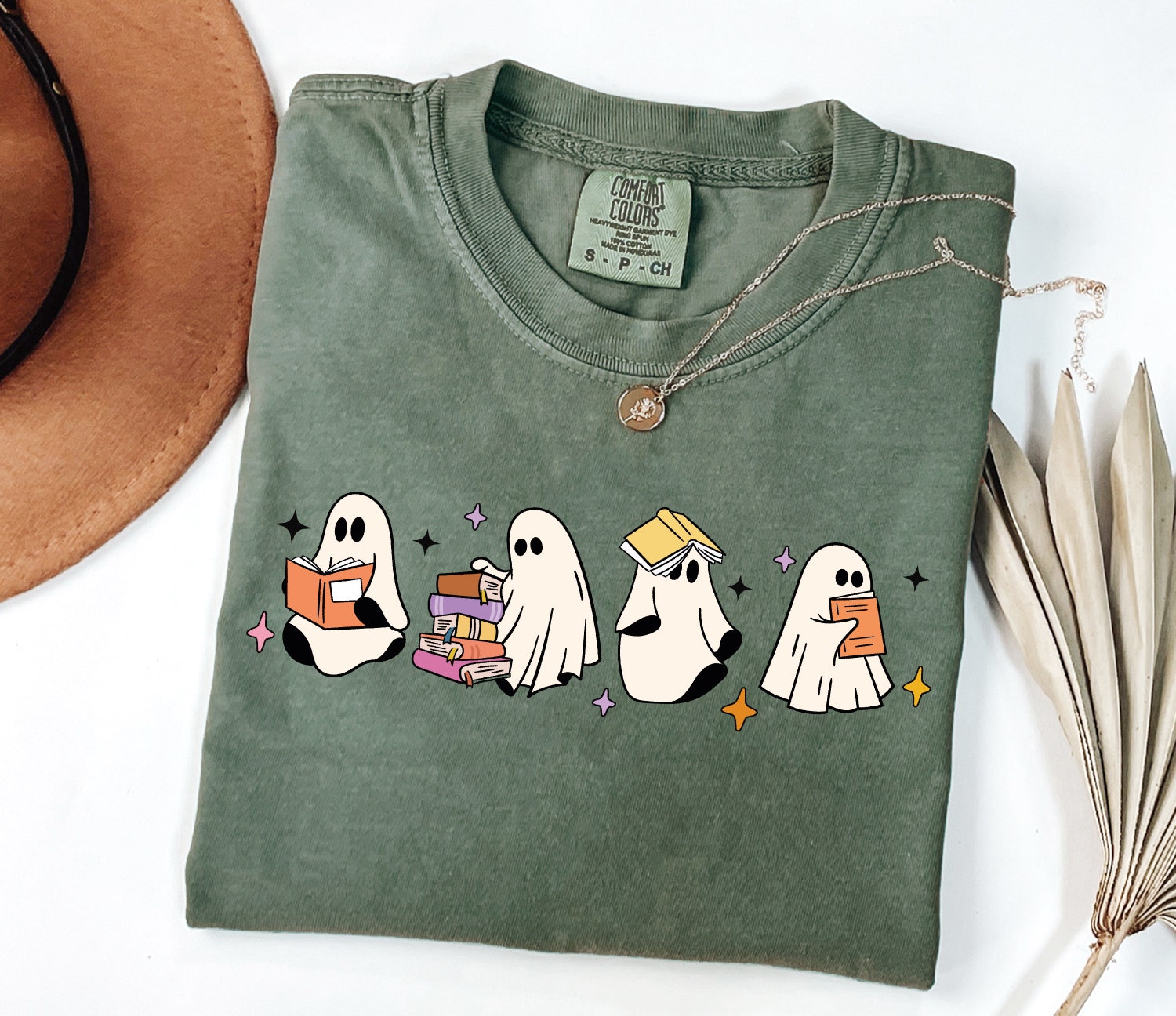 Cute Little Ghosts Reading Books Shirt Womens Halloween Book Lover Tee image 3