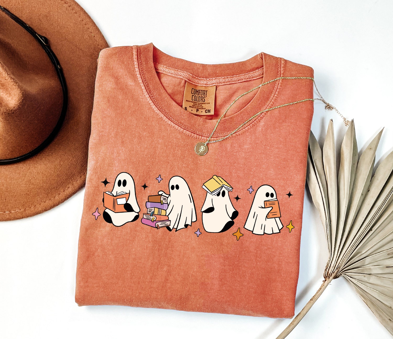 Cute Little Ghosts Reading Books Shirt Womens Halloween Book Lover Tee image 1