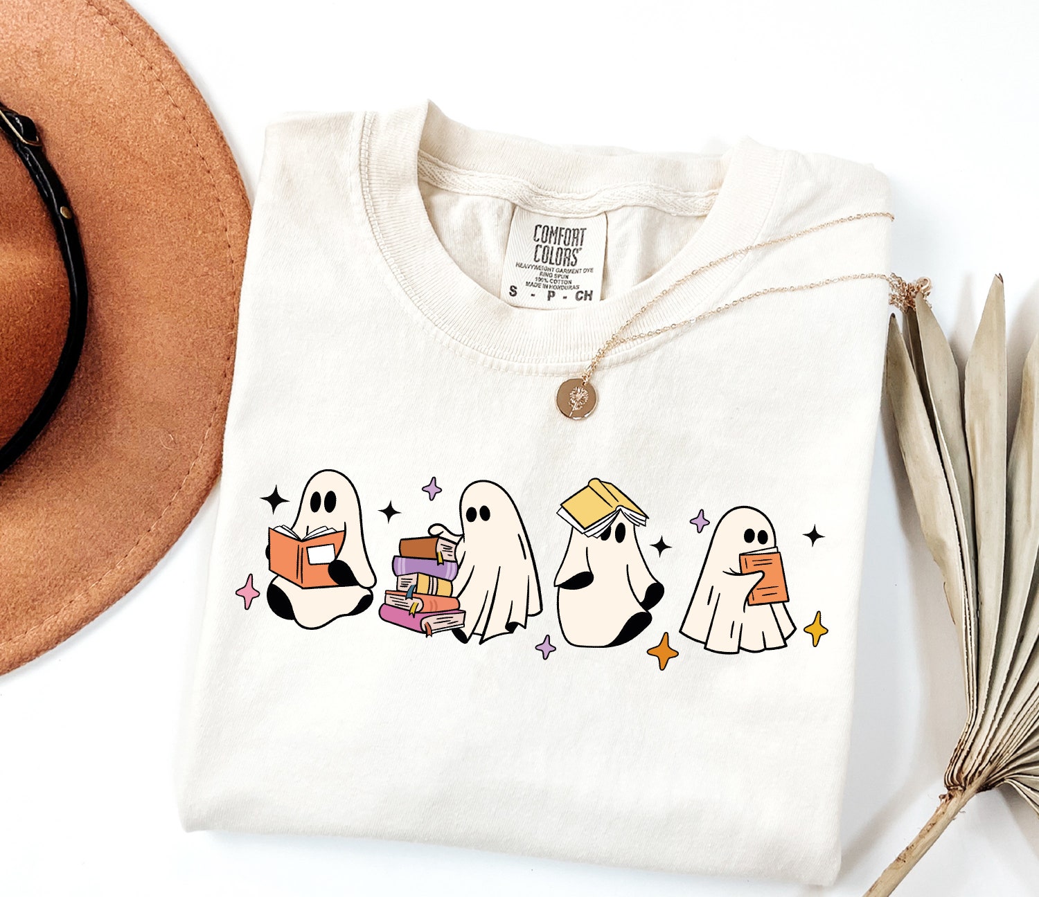 Cute Little Ghosts Reading Books Shirt Womens Halloween Book Lover Tee image 2