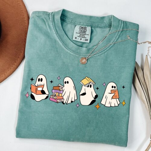 Cute Little Ghosts Reading Books Shirt Womens Halloween Book Lover Tee image 0