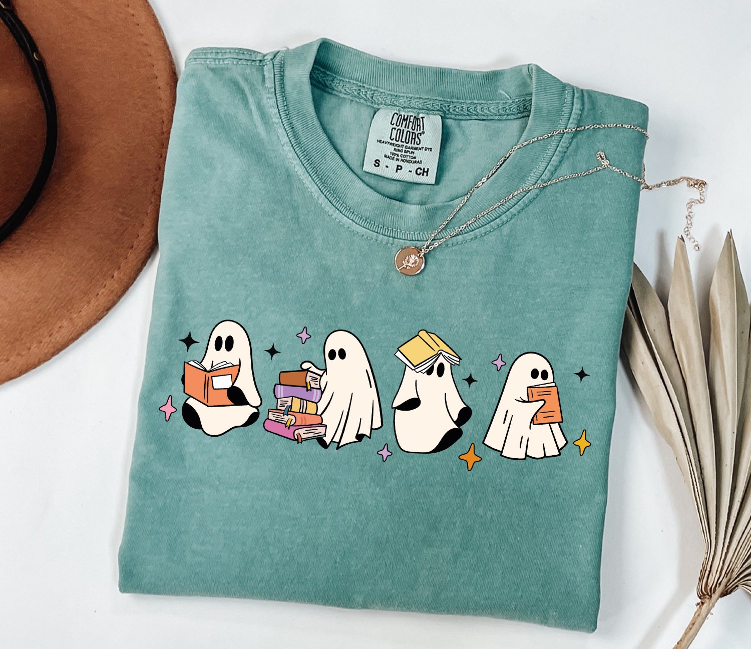Cute Little Ghosts Reading Books Shirt Womens Halloween Book Lover Tee image 0