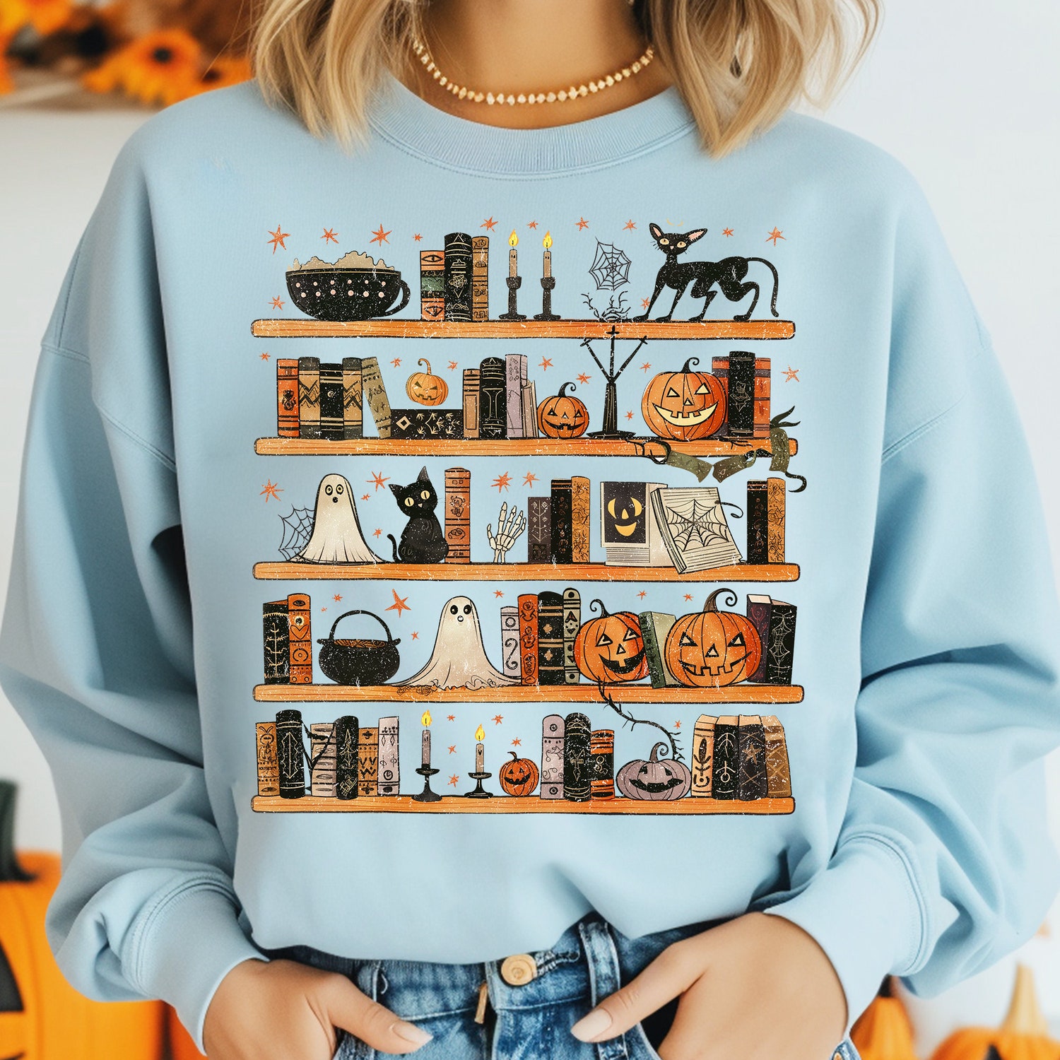 Halloween Library Ghost Books Shirt | Halloween Reading Bookcase Tee| Book Club Shirt image 1