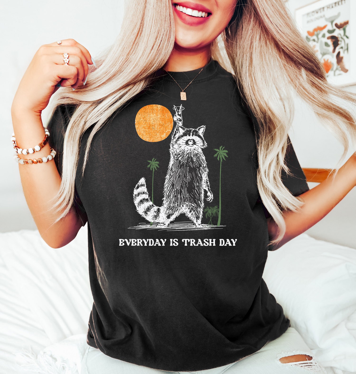 Funny Raccoon Meme Shirt - Retro Sunset Raccoon Tee - Distressed Style Trash Day T-Shirt image 1