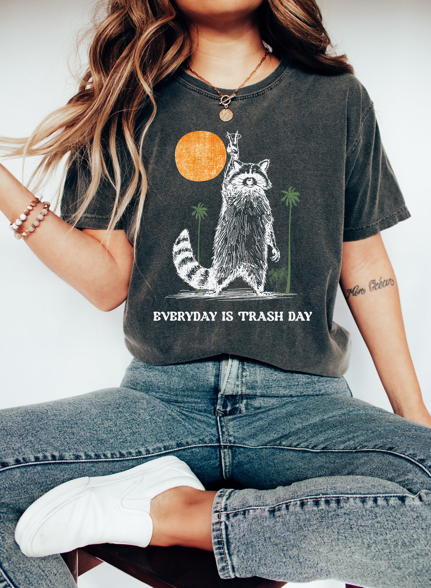 Funny Raccoon Meme Shirt - Retro Sunset Raccoon Tee - Distressed Style Trash Day T-Shirt image 3