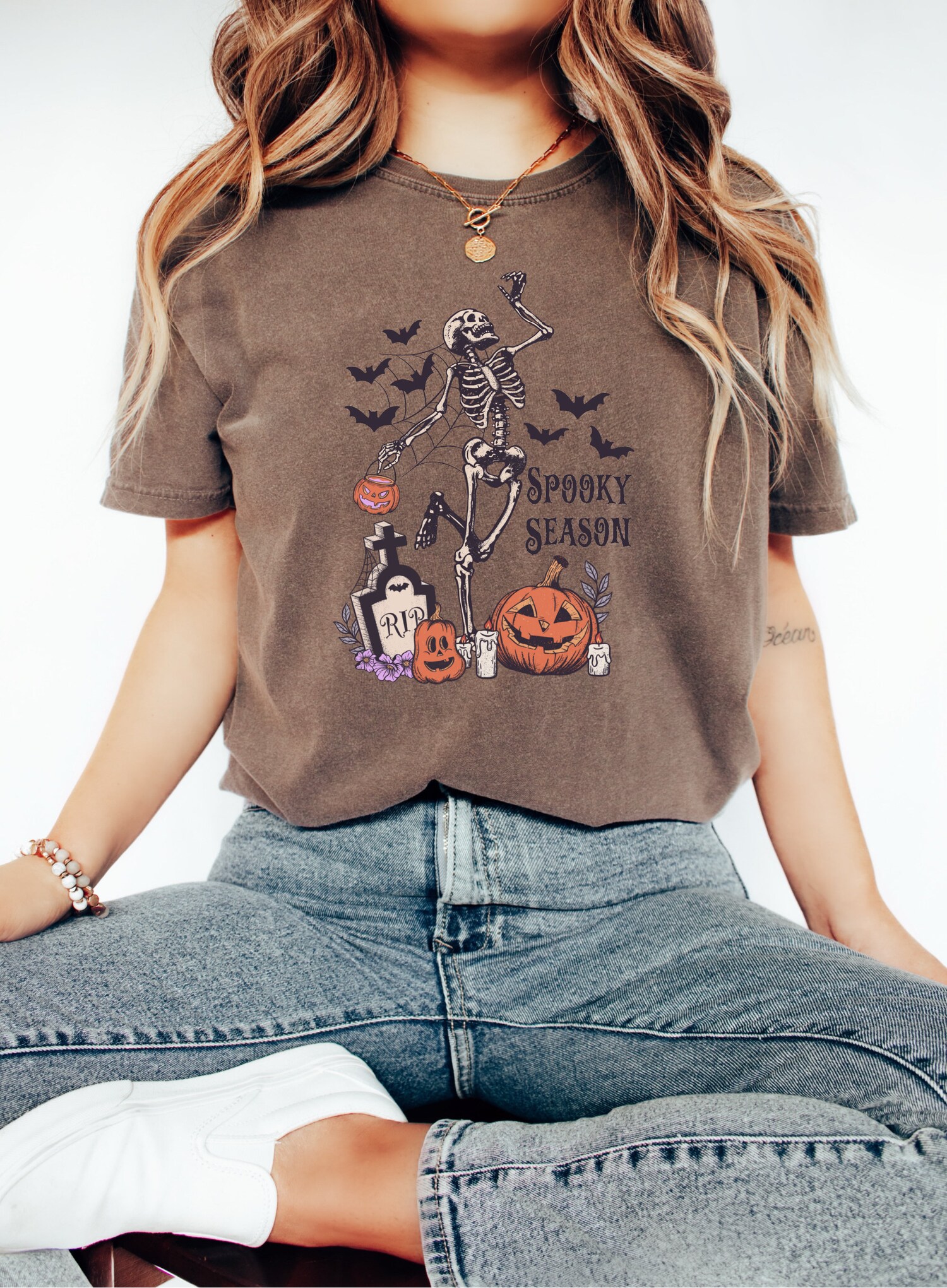 Skeleton Halloween Shirt Spooky Season Dancing Skeleton Retro Fall Graphic Tee image 5