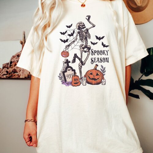 Skeleton Halloween Shirt Spooky Season Dancing Skeleton Retro Fall Graphic Tee image 0