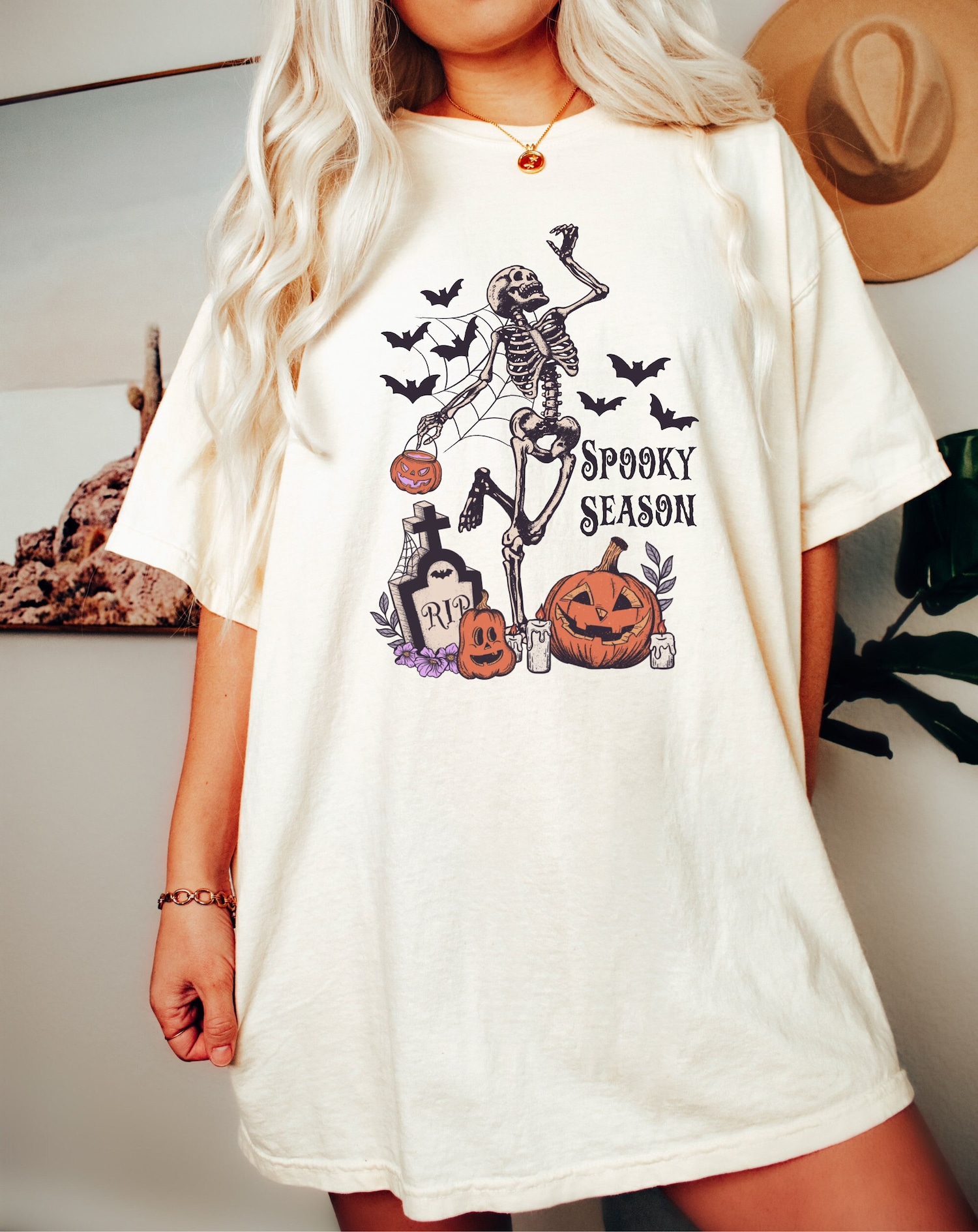 Skeleton Halloween Shirt Spooky Season Dancing Skeleton Retro Fall Graphic Tee image 0