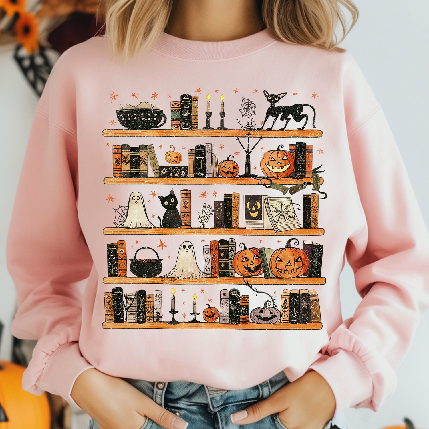 Halloween Library Ghost Books Shirt | Halloween Reading Bookcase Tee| Book Club Shirt image 3