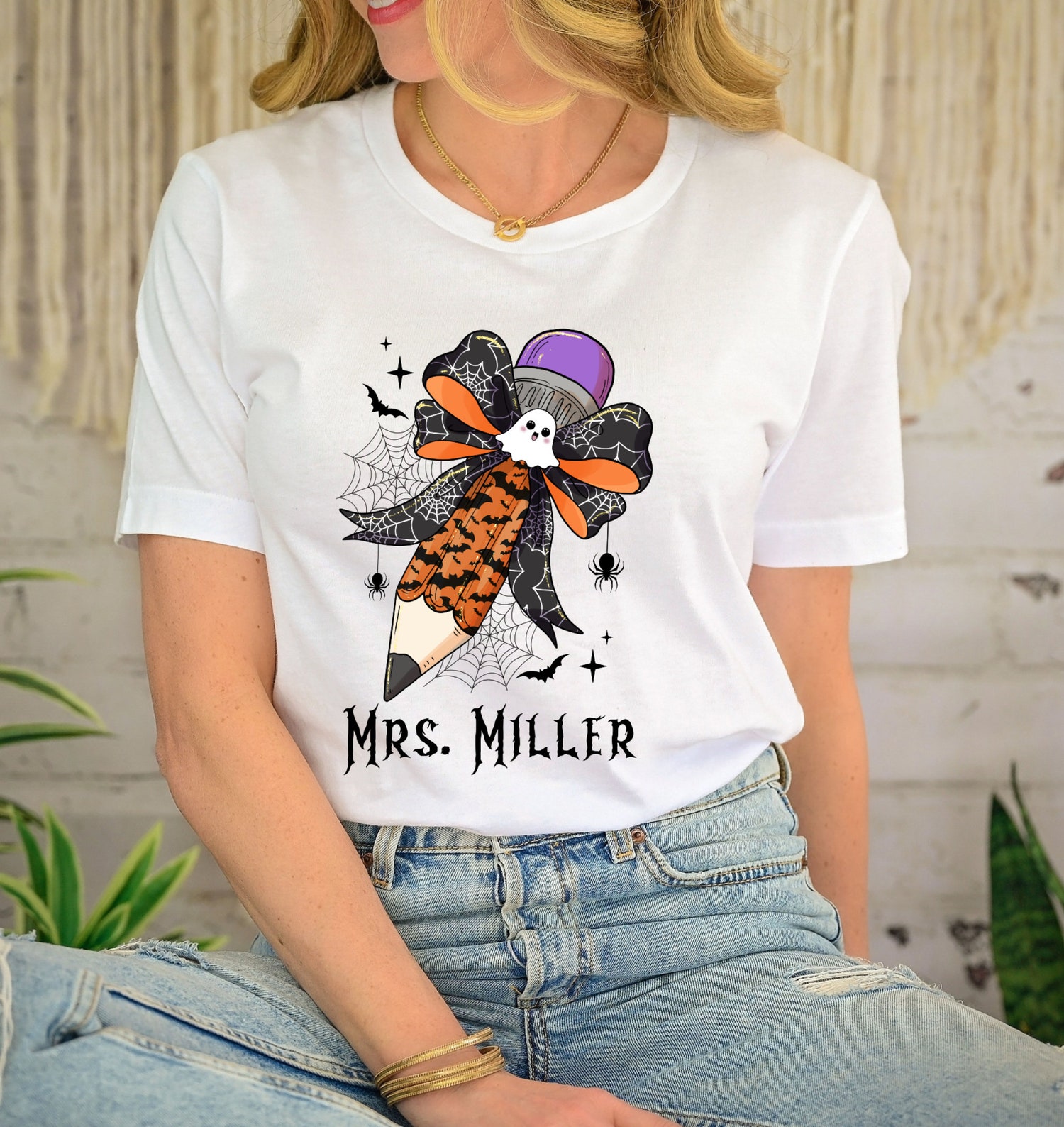 Halloween Coquette Teacher Shirt Cute Bow Design Halloween Sweater Teacher Gift image 1