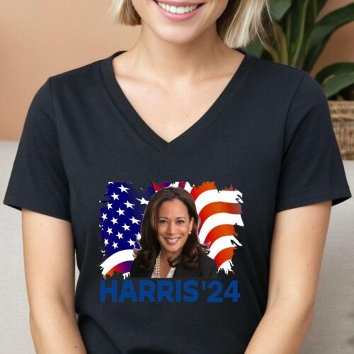 Kamala Harris 2024 V-Neck Tee Retro USA Flag Racer Tank Madam President Election Shirt image 0