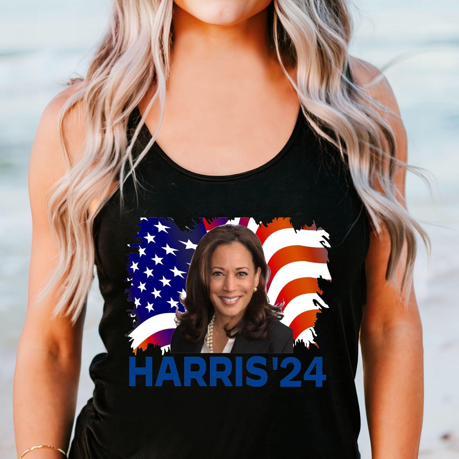 Kamala Harris 2024 V-Neck Tee Retro USA Flag Racer Tank Madam President Election Shirt image 1