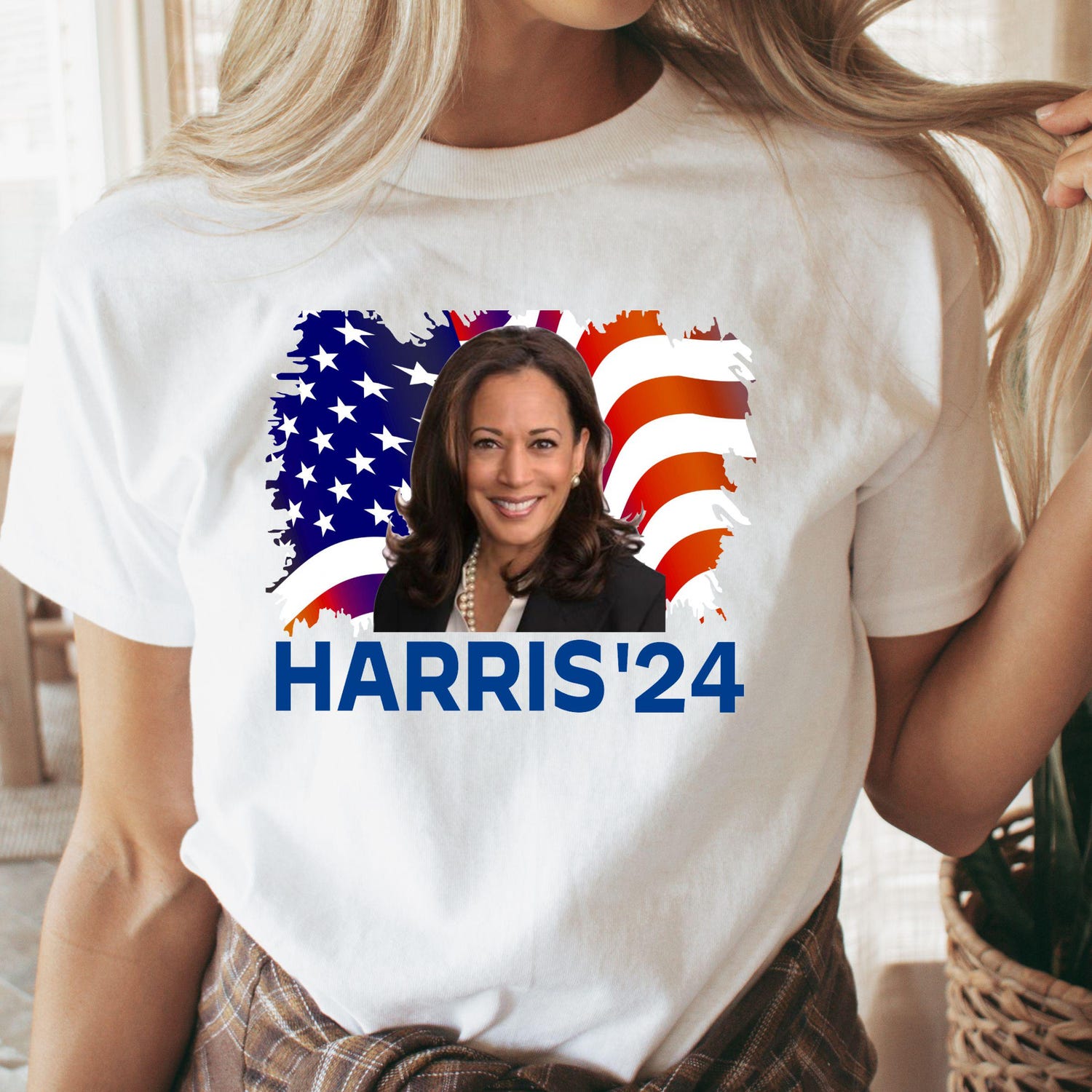 Kamala Harris 2024 V-Neck Tee Retro USA Flag Racer Tank Madam President Election Shirt image 2