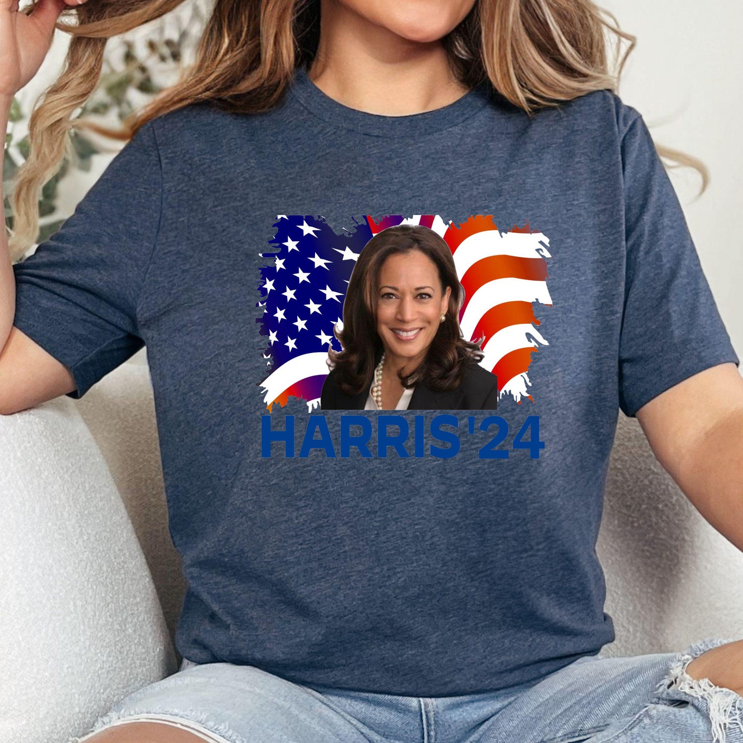 Kamala Harris 2024 V-Neck Tee Retro USA Flag Racer Tank Madam President Election Shirt image 3