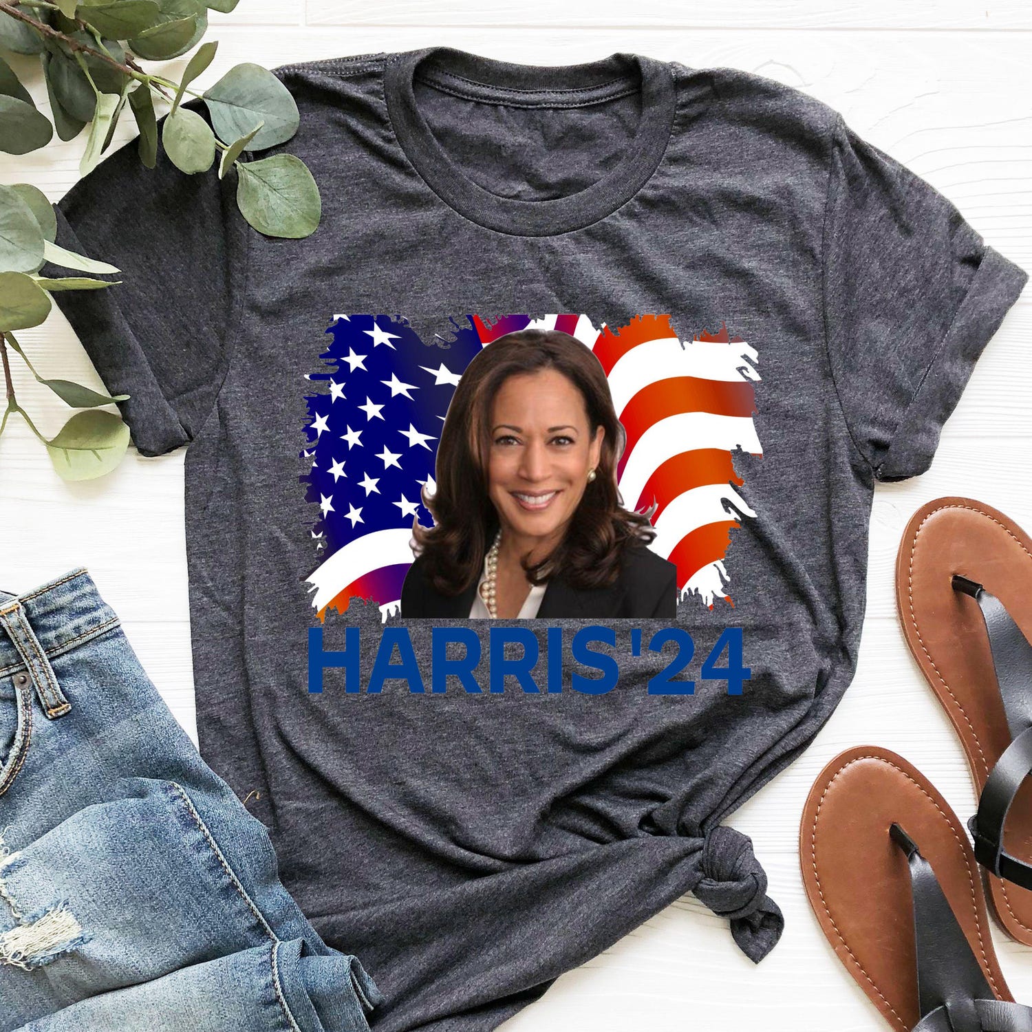 Kamala Harris 2024 V-Neck Tee Retro USA Flag Racer Tank Madam President Election Shirt image 4