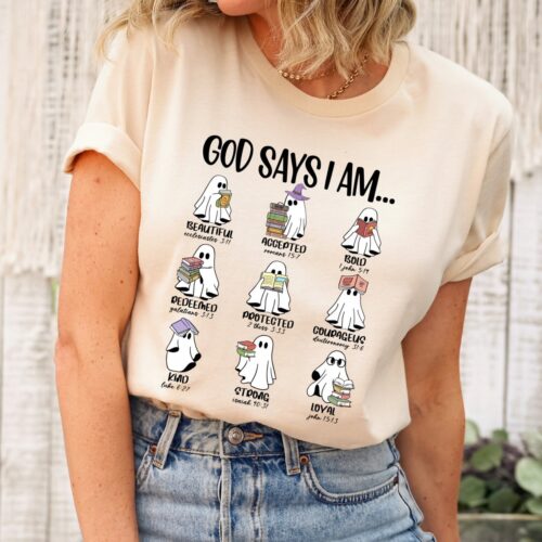 God Says I Am Halloween Shirt - Cute Ghost Book Lover T-Shirt for Halloween Gift image 0