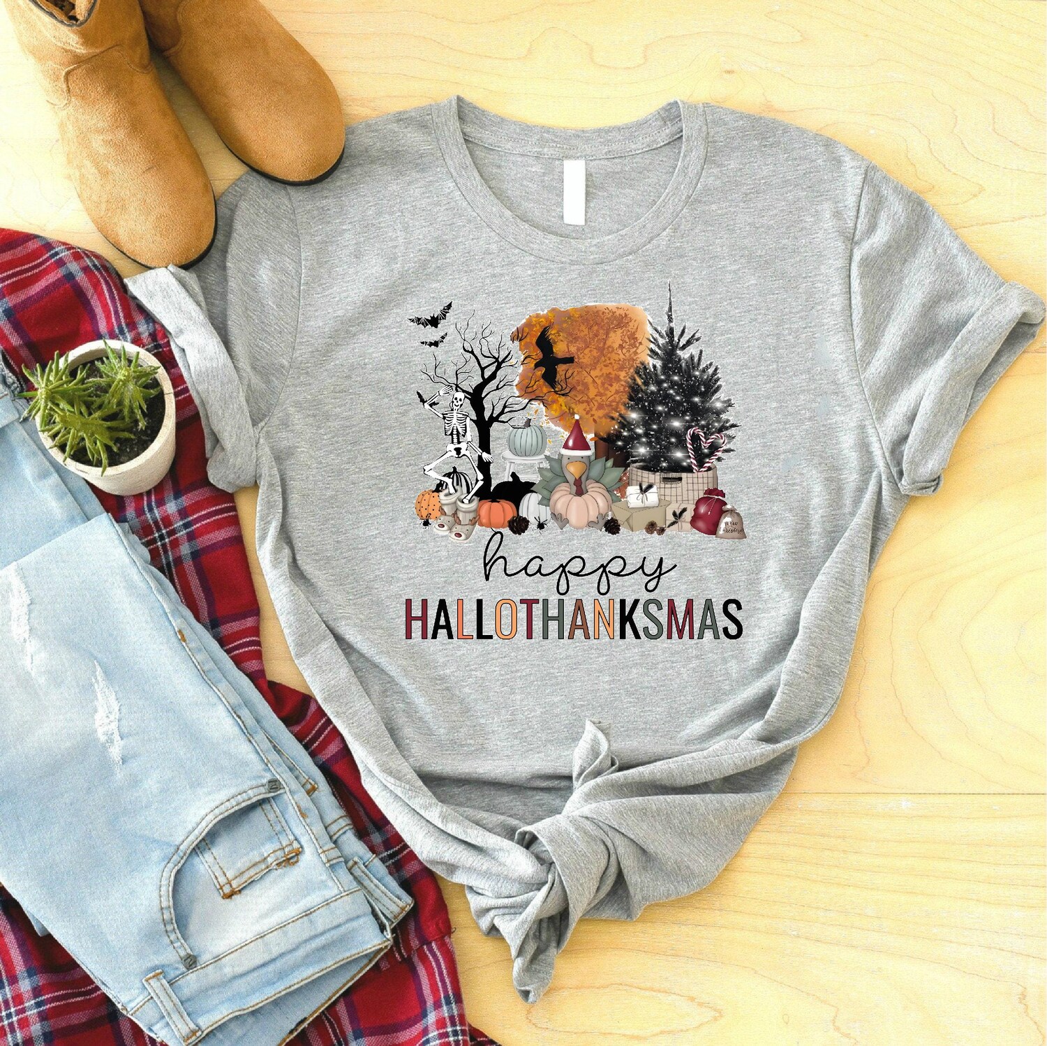 Happy Hallothanksmas Shirt - Funny Halloween Thanksgiving Christmas Holiday Season Tee image 2