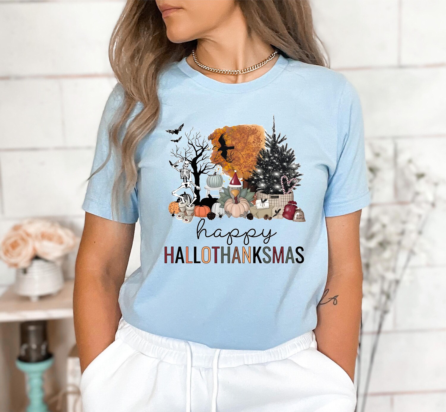 Happy Hallothanksmas Shirt - Funny Halloween Thanksgiving Christmas Holiday Season Tee image 3