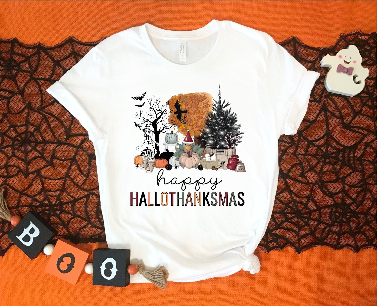 Happy Hallothanksmas Shirt - Funny Halloween Thanksgiving Christmas Holiday Season Tee image 6