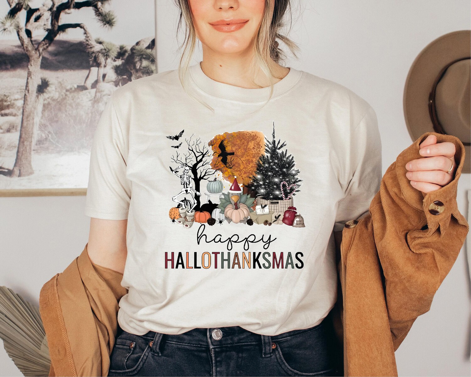 Happy Hallothanksmas Shirt - Funny Halloween Thanksgiving Christmas Holiday Season Tee image 7