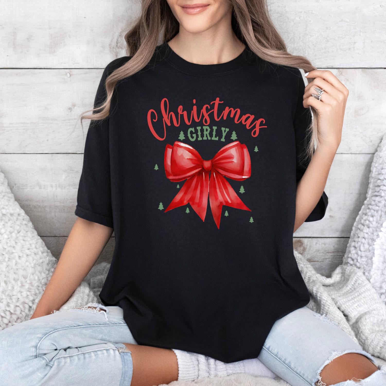 Christmas Tree Bow Shirt | Girly Aesthetic Holiday Tee | Cute Xmas Gift image 3