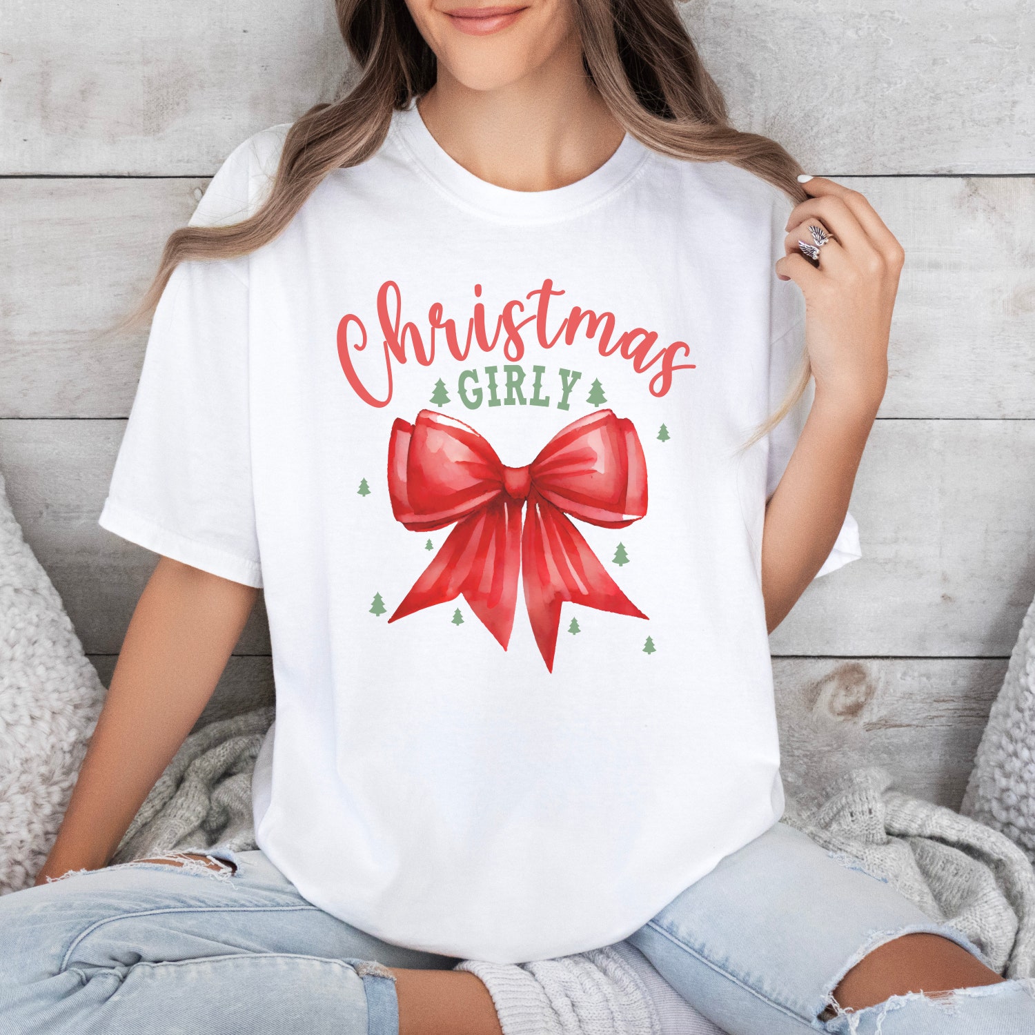 Christmas Tree Bow Shirt | Girly Aesthetic Holiday Tee | Cute Xmas Gift image 7