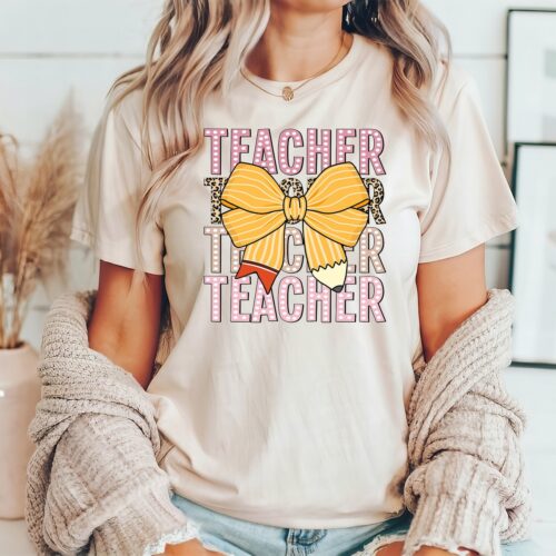 Pink Coquette Teacher Shirt Back to School Leopard Sweatshirt Teacher Appreciation Gift image 0