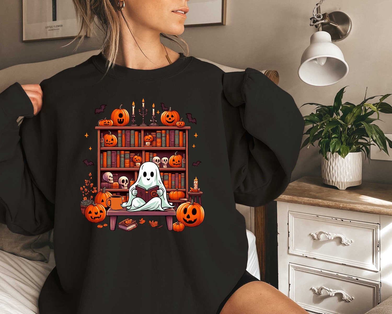 Ghost Book Reader Sweatshirt - Book Lover Gift - Reading Enthusiast Tee - Boo Literature Shirt image 2