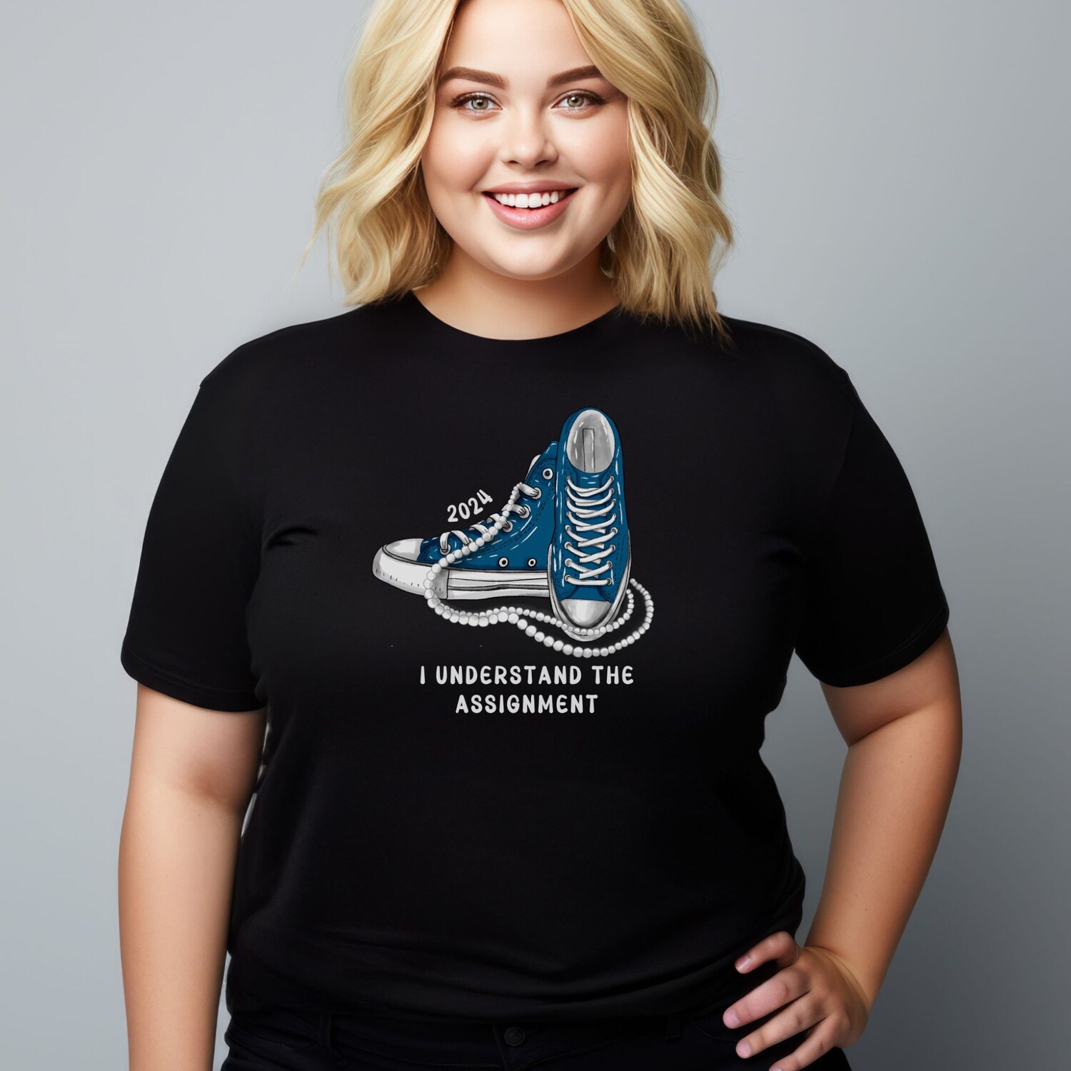 I Understand The Assignment Vote Blue Rally Shirt Kamala Harris Sneakers and Pearls Save Democracy Plus Size 2024 Activist Tshirt image 1