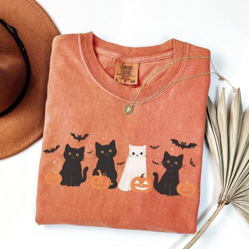 Halloween Cat Shirt Retro Ghost Cat Tee Happy Halloween Spooky Season Black Cat image 0