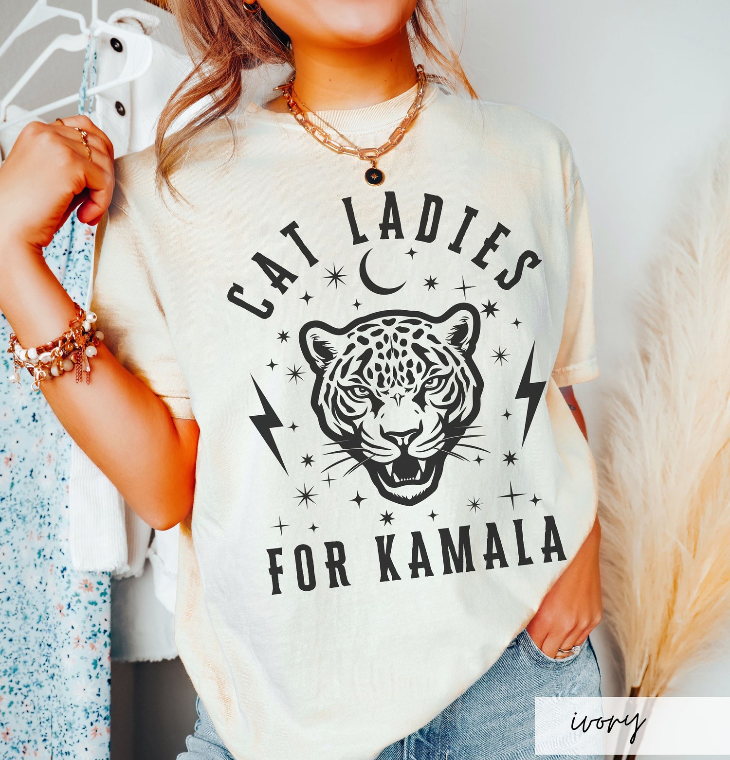 Kamala Harris 2024 Election T-Shirt Celestial Jaguar Lightning Bolts Cat Ladies Voting Shirt image 1