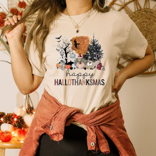 Happy Hallothanksmas Shirt - Funny Halloween Thanksgiving Christmas Holiday Season Tee image 0