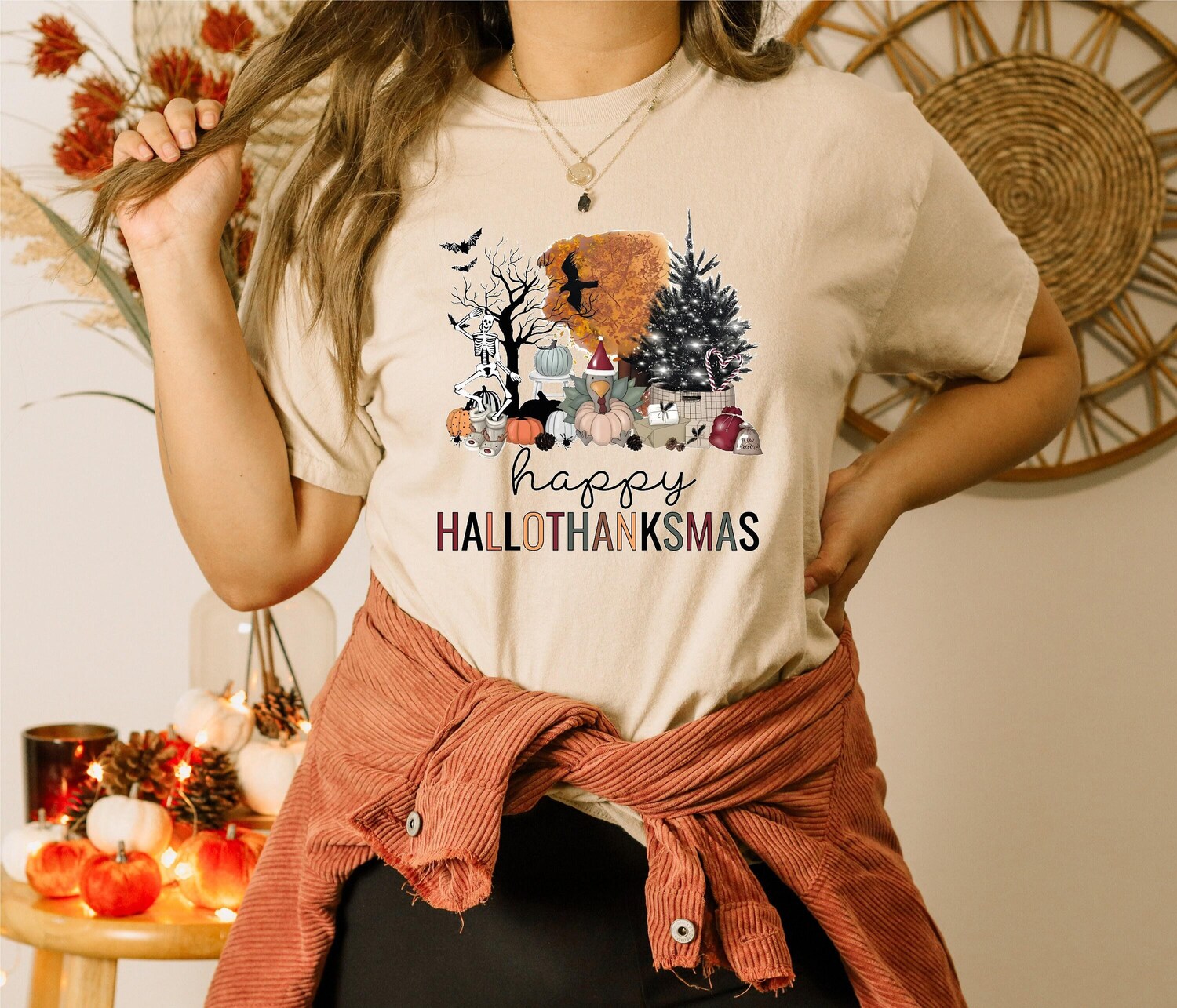 Happy Hallothanksmas Shirt - Funny Halloween Thanksgiving Christmas Holiday Season Tee image 0
