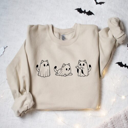 Halloween Cat Sweatshirt Cute Ghost Cat Shirt Spooky Season Cat Lover Tee Cool Halloween Shirt image 0