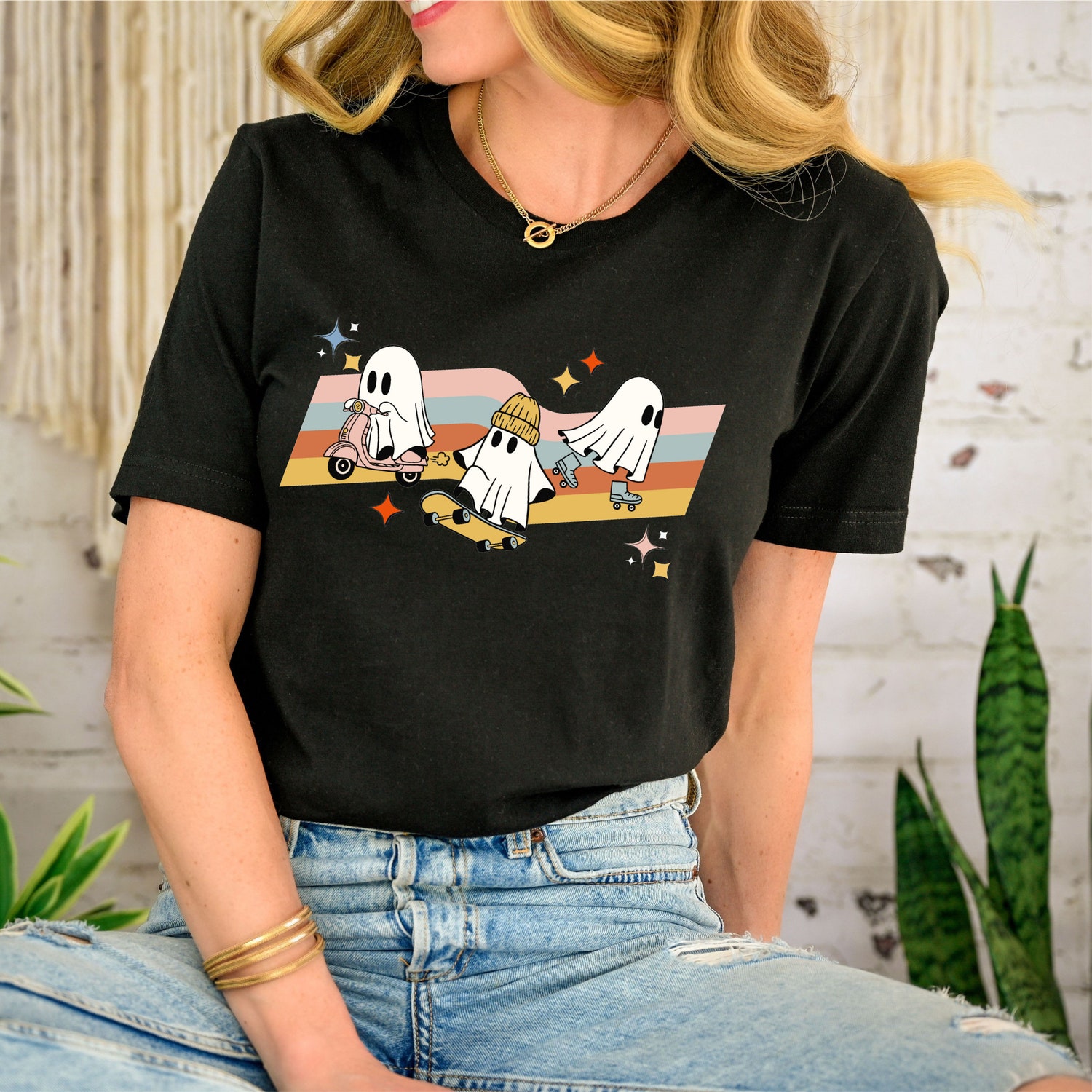 Cute Halloween Ghosts on Scooter Roller Blades & Skateboard Shirt Halloween Gift Tee image 3