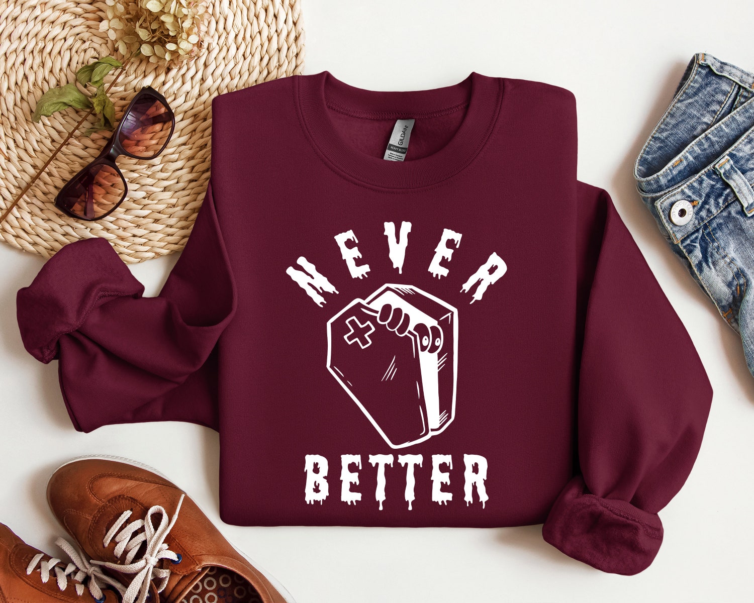 Never Better Skeleton Sweatshirt - Sarcastic Dead Inside Halloween Shirt - Funny Gifts for Mom image 2