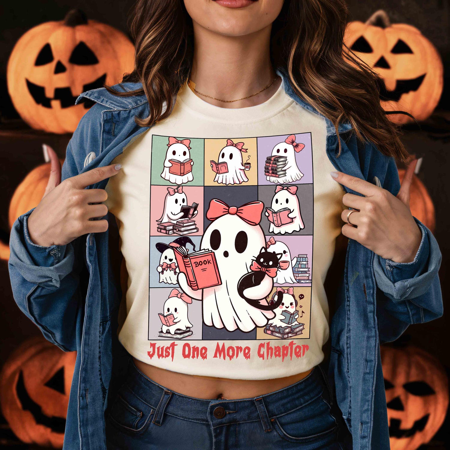 Just One More Chapter Halloween Ghost Reading Book Shirt | Cute Funny Book Lover Librarian Spooky Season image 5