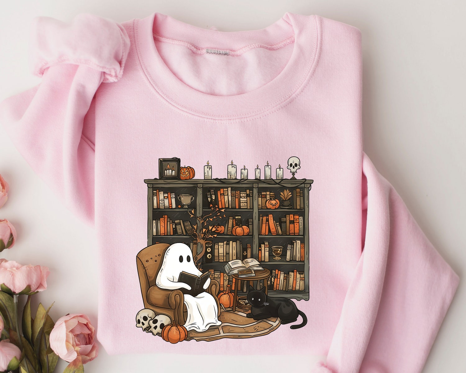 Retro Ghost Reading Books Sweatshirt - Halloween Librarian Teacher Gift - Boo School Shirt image 2